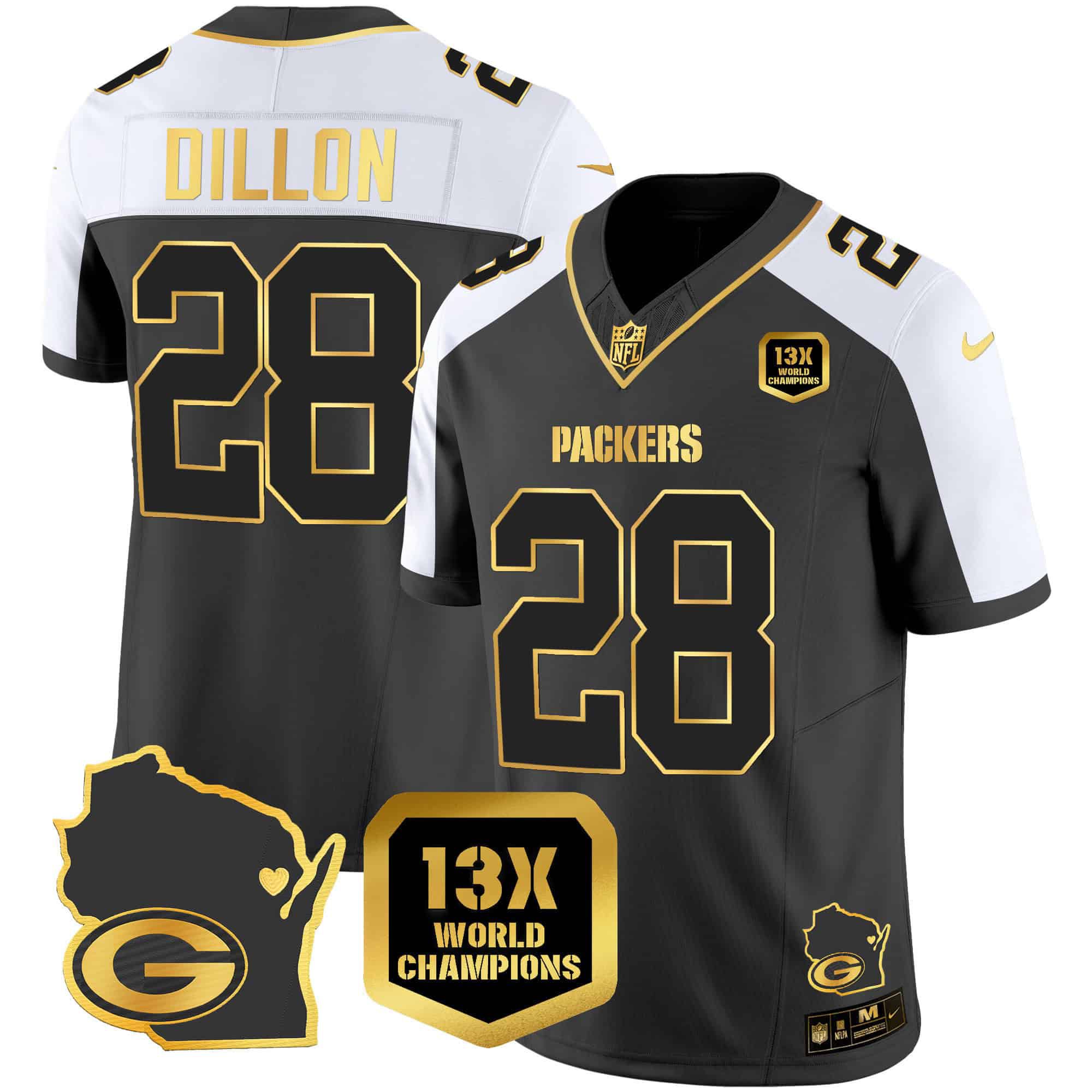 Men Green Bay Packers #28 Dillon Black Gold 2024 Nike World Champions Home Patch Vapor NFL Jersey->indianapolis colts->NFL Jersey